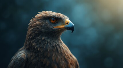 A close up of a bird of prey with a blue background