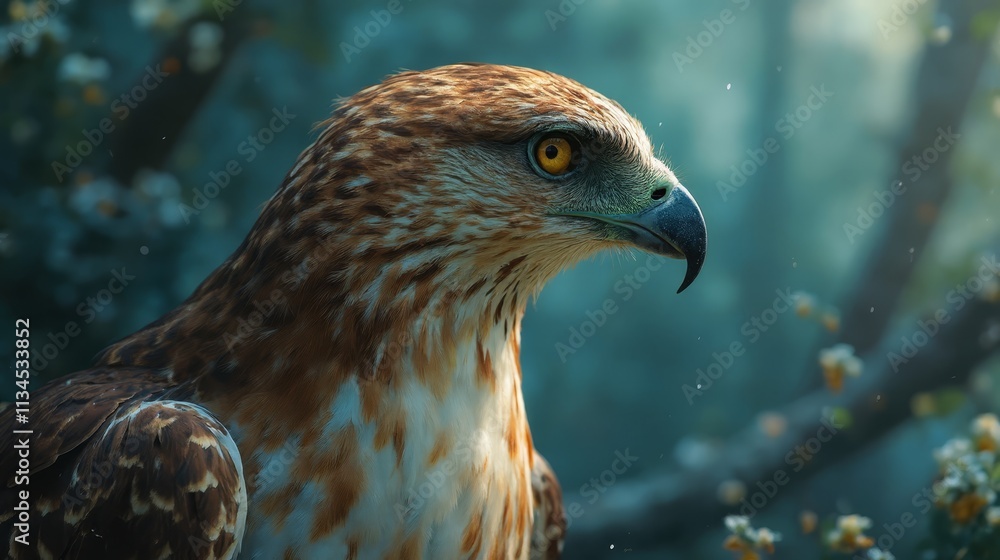 Poster a close up of a bird of prey sitting on a tree branch