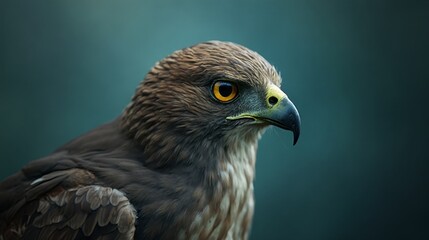 A close up of a bird of prey with a green background