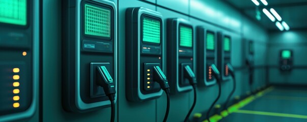 Fototapeta premium Futuristic Electric Vehicle Charging Station Green Teal Technology