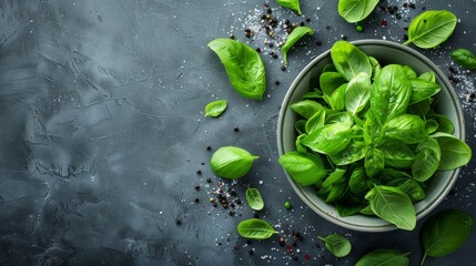 Fresh basil leaves in bowl with pepper and salt on dark background.