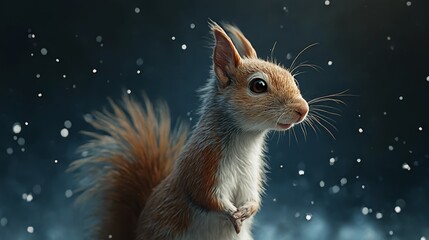 A red squirrel standing on its hind legs in the snow