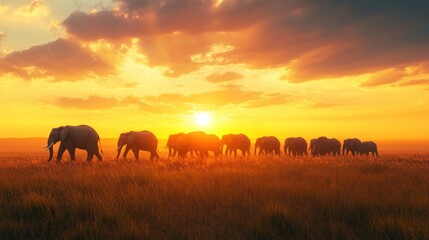 A herd of elephants crossing a savannah under a setting sun.. 