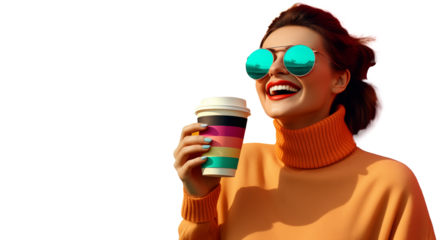 Happy Woman drinking coffee isolated on transparent background
