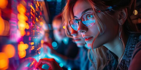 Focused woman in glasses interacting with vibrant holographic interface, analyzing glowing data alongside