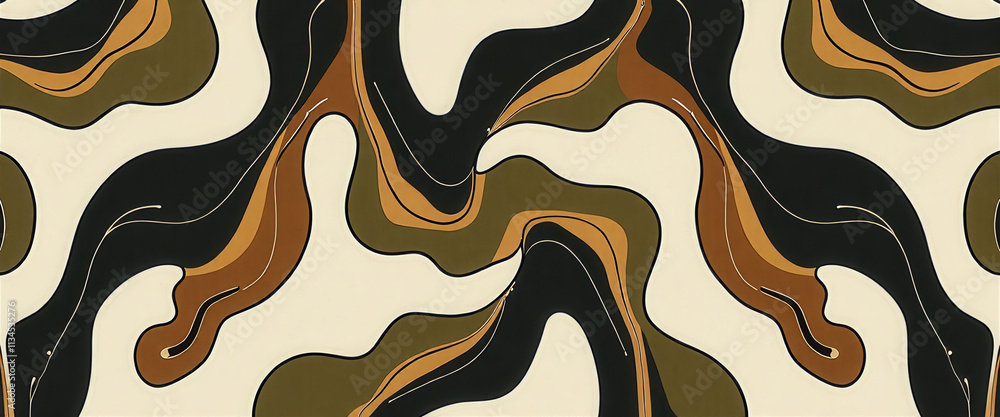 Poster a patterned rug with a black and brown design. the design is abstract and has a wave-like appearance