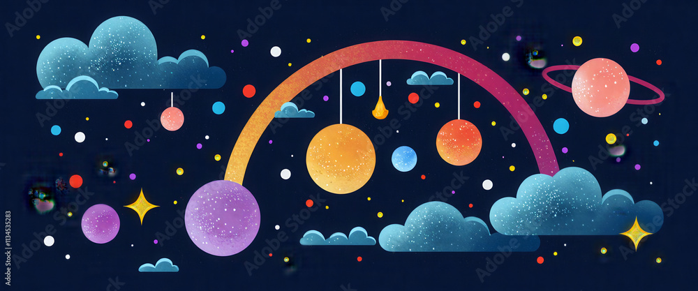 Poster a colorful space scene with a rainbow and planets. scene is whimsical and playful, with a sense of w