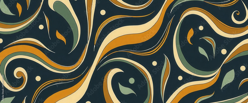 Poster a colorful pattern with a lot of swirls and leaves. the pattern is very busy and has a lot of detail