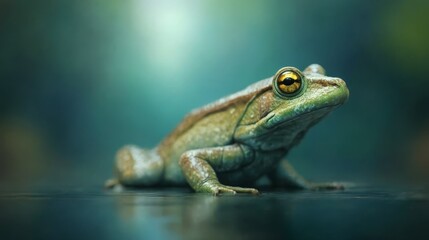 Obraz premium A green frog sitting on top of a body of water