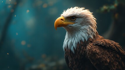 A bald eagle with a yellow beak sitting on a tree branch