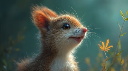 A close up of a small animal with a flower in its mouth