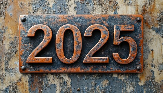 3D bronze tone number "2025" displayed on a textured beige background, warm and rustic design