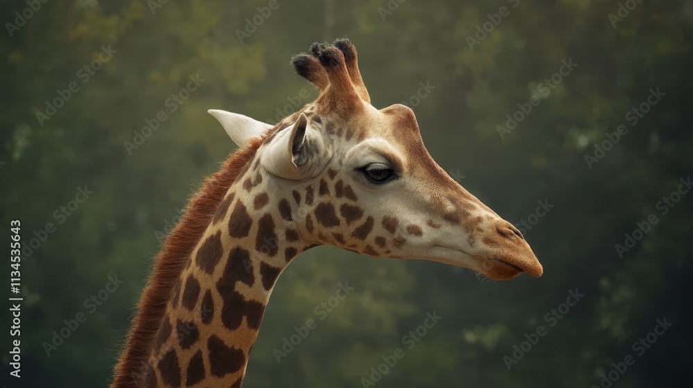 Poster a close up of a giraffe's head with trees in the background