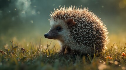 A hedgehog is standing in the grass in the sunlight