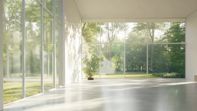 Minimalist empty room with large windows, bright natural light, clean white walls, modern and spacious, calm and tranquil atmosphere.