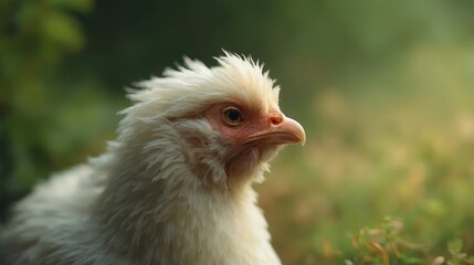 Fototapeta premium A close up of a white chicken in the grass