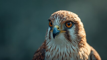 A close up of a bird of prey with a green background