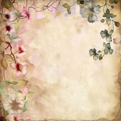 Vintage floral background with decorative frame showcasing colorful blossoms and artistic textured petals