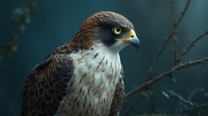 Fototapeta premium A close up of a bird of prey sitting on a tree branch