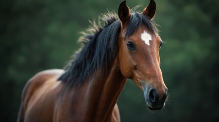 Fototapeta premium A brown horse with a white spot on its face
