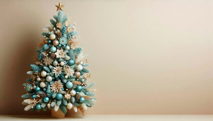 Luxury Christmas tree with Frosted mint, blue spruce, pale gold, ivory ornaments on beige background, copy space