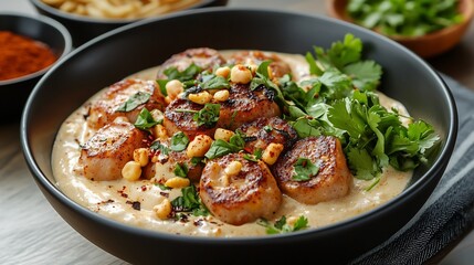 Glowing Bowl of Creamy and Aromatic Massaman Curry with Vibrant Herbs and Spices
