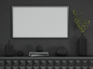 Black mock up poster frame on dark plaster wall with plant in vase, books and geometric pots; landscape orientation; stylish frame mock up; 3d rendering, 3d illustration