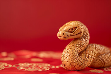 Copy Space of a Wooden Snake Handicraft Figure with Red Background Highlighting 2025 Lunar New Year and Traditional Chinese Craft