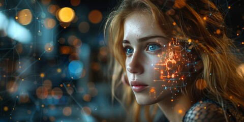  Young woman with digital facial recognition overlay, surrounded by glowing networks and futuristic connections