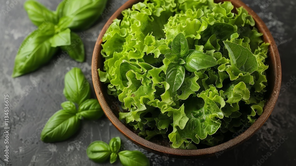 Wall mural Fresh green lettuce and basil leaves in a wooden bowl on a dark background.