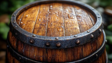 A close-up of a wooden barrel with raindrops, showcasing its texture and craftsmanship.