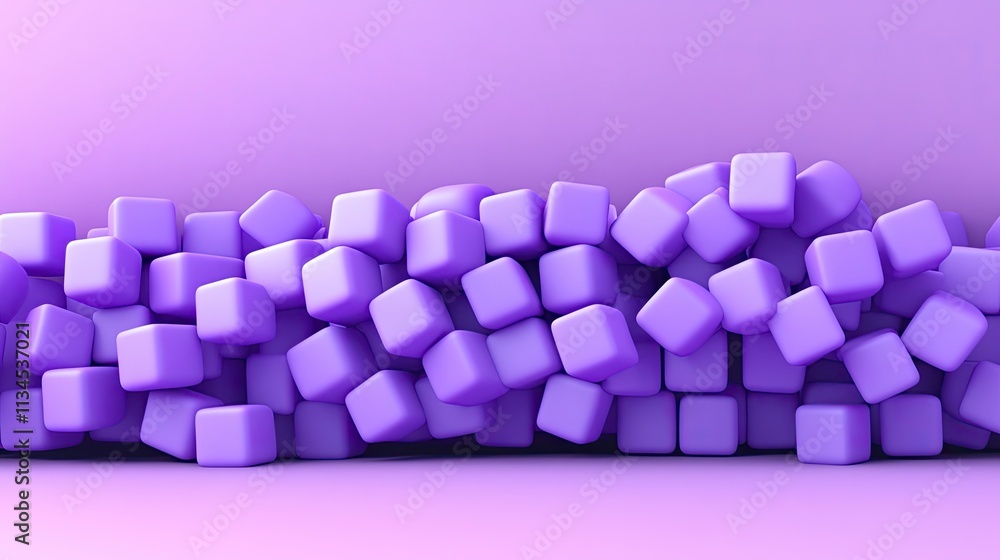 Poster purple cubes piled together create a vibrant and playful atmosphere in a minimalistic setting