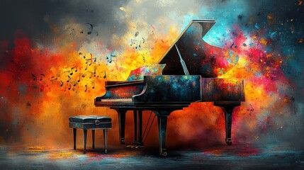 Colorful grand piano with musical notes.