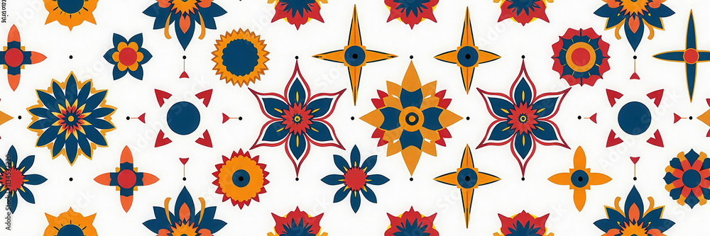 Poster a colorful floral pattern with a white background. the flowers are of various sizes and colors, and 