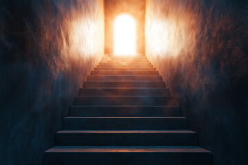 Stairs leading to a bright doorway illuminating a dark passageway. Generative AI