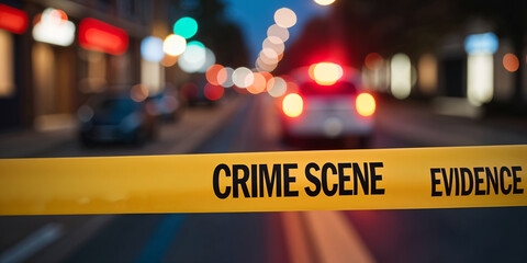 Crime scene with yellow The scene has yellow police tape in the foreground and a police car with flashing lights in the background, recording the emergency situation.
