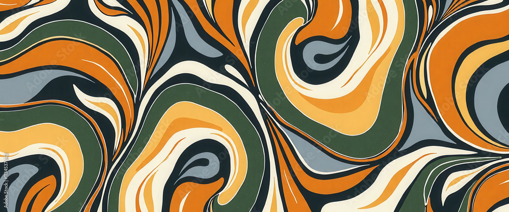 Poster a colorful pattern with a lot of swirls and leaves. the pattern is very busy and has a lot of detail