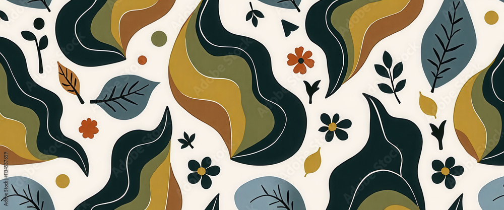 Poster a colorful pattern with a lot of swirls and leaves. the pattern is very busy and has a lot of detail