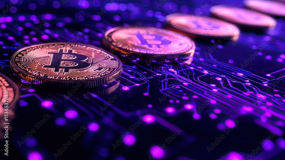 Poster high-tech representation of bitcoin cryptocurrencies on a glowing circuit board background