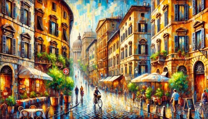 People walking down wet street in rome after rain with pantheon in background