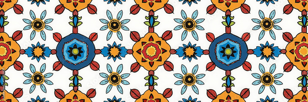 Poster a colorful floral pattern with a white background. the flowers are in various colors and sizes, and 