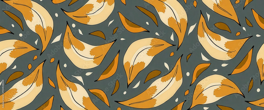 Poster a pattern of leaves with a yellow and brown color scheme. the leaves are arranged in a way that they