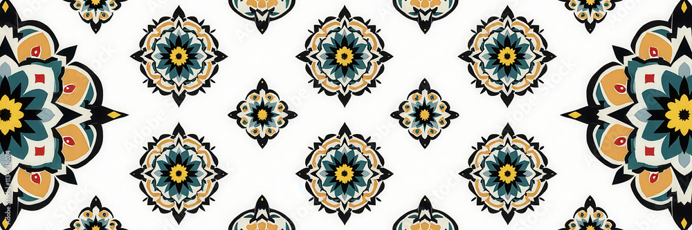 Poster a colorful pattern of flowers and leaves is displayed on a white background. the design is intricate