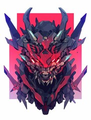 Fierce robotic dragon head illustration with sharp details and vibrant red and purple color scheme.