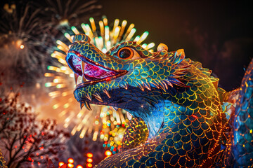 Obraz premium Snake Statue with Fireworks on Lunar New Year Night Celebrated with Lanterns, People, and Colorful Dragon-Inspired Snake Figure