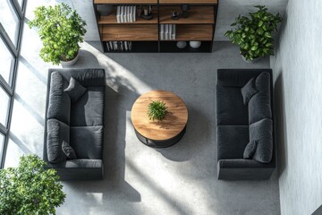 Top view modern living room with two sofas, coffee table, and plants.