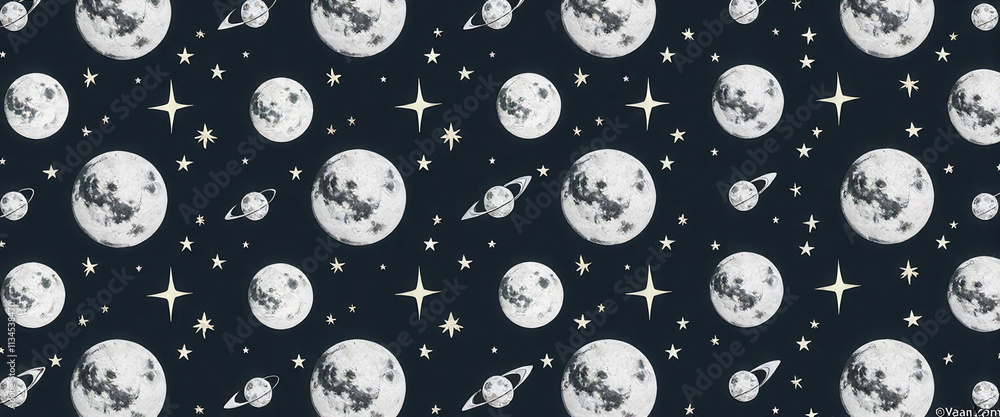 Poster a black and white image of a galaxy with many stars and planets. the image is a pattern of many diff