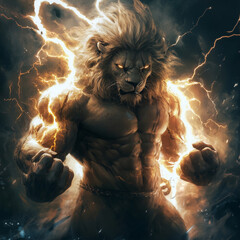 Hyper-Realistic Full Shot of a Human Lion with Huge Biceps Holding the Lightning of God in Its Paws