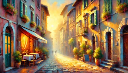 Fototapeta premium Golden sunrise illuminating picturesque italian street with cozy restaurant