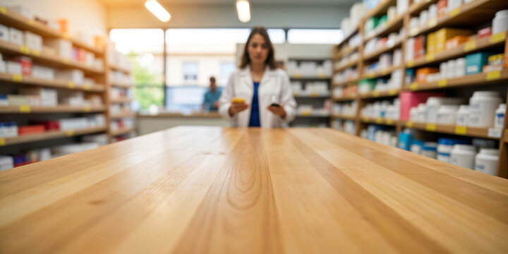 Product display template with a wooden table in sharp focus and a blurred female pharmacist handling pharmacy items in the background